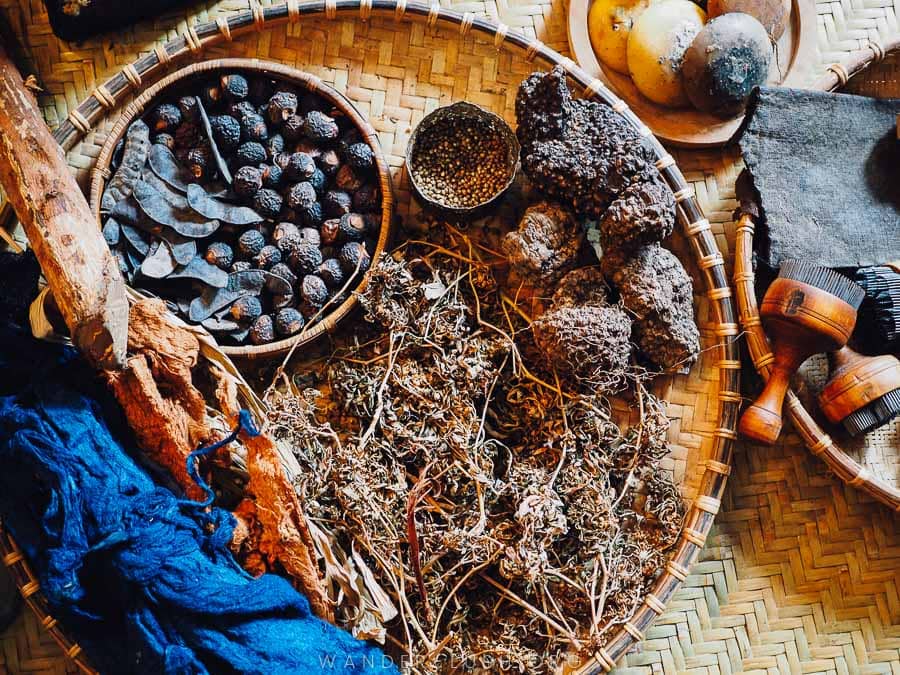 Plants and materials used for natural dyeing in Vietnam.