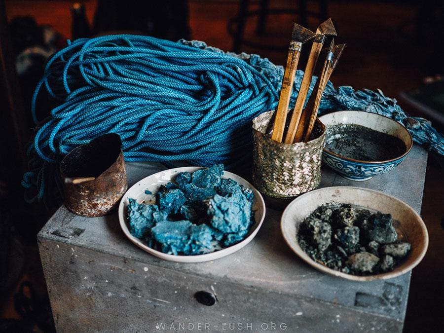 Indigo dyes used for fashion at Kilomet109 in Hanoi, Vietnam.