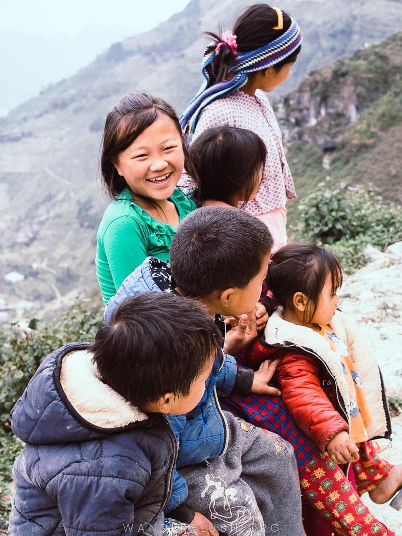 A group of kids on the Dong Van Loop road in Ha Giang, Vietnam.