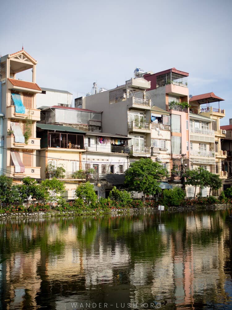 Lake and apartment blocks in Ngoc Ha, Vietnam.
