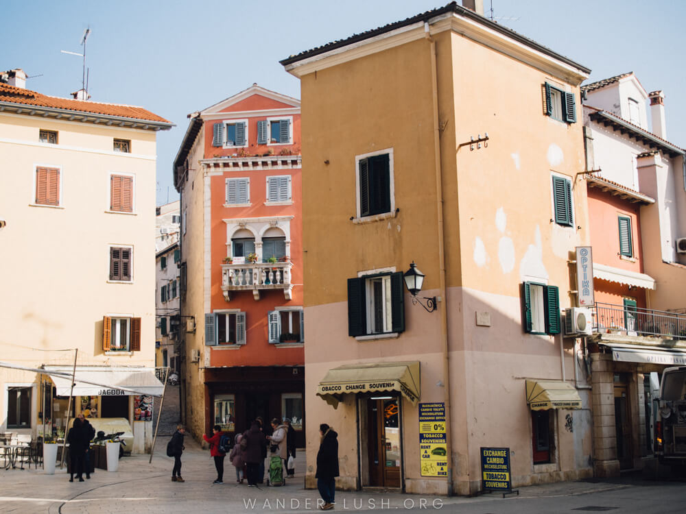 A colourful Rovinj Old Town with flowers on every balcony.