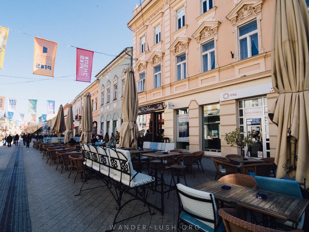 A row of outdoor cafes in Novi Sad, Serbia.