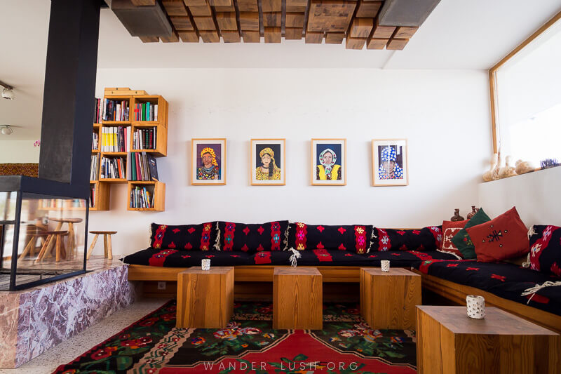 The interior of a stylish boutique hotel in Kosovo.