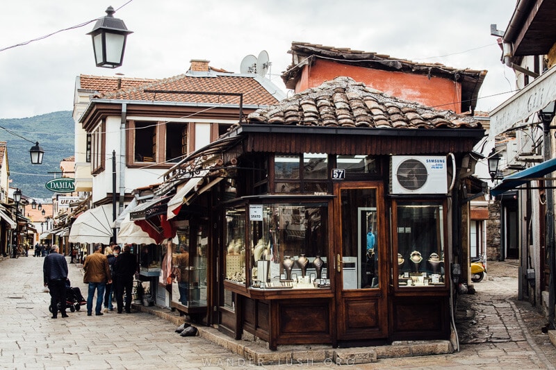 Cute wooden shops inside Skopje Old Bazaar.