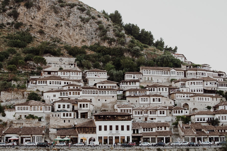 White and stone houses in Berat, Albania.