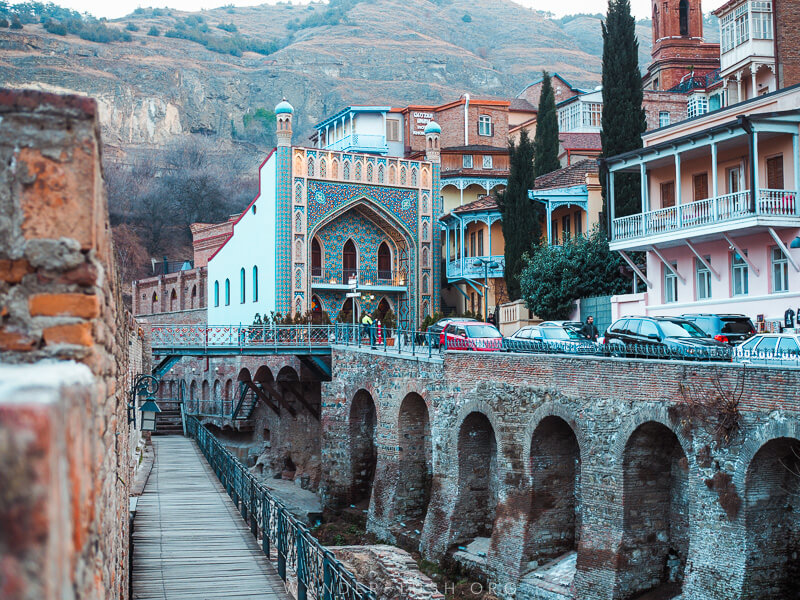 The beautiful tiled facade of a bathhouse in Tbilisi.
