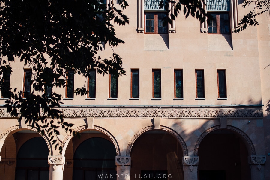 A pink tuff stone facade in Yerevan.