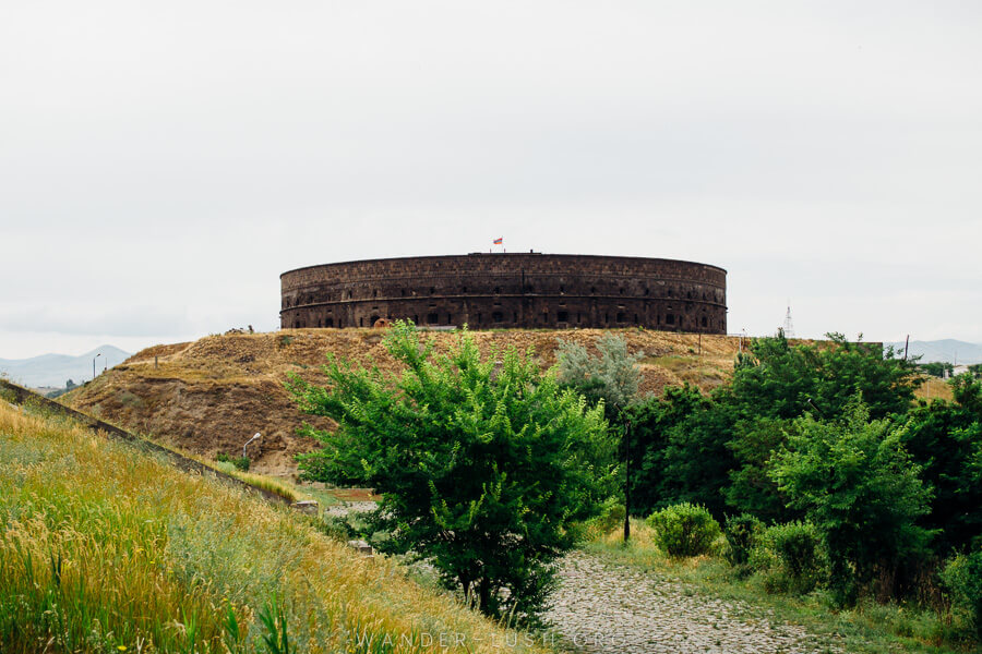 Sev Berd, a round castle made from stone, sits on a hill in Gyumri, Armenia.