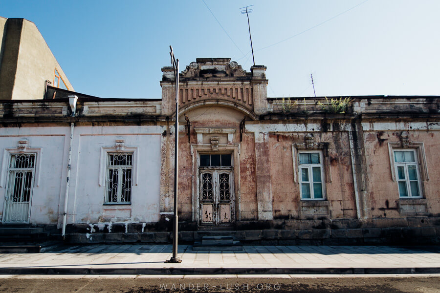 White and pink building facades.