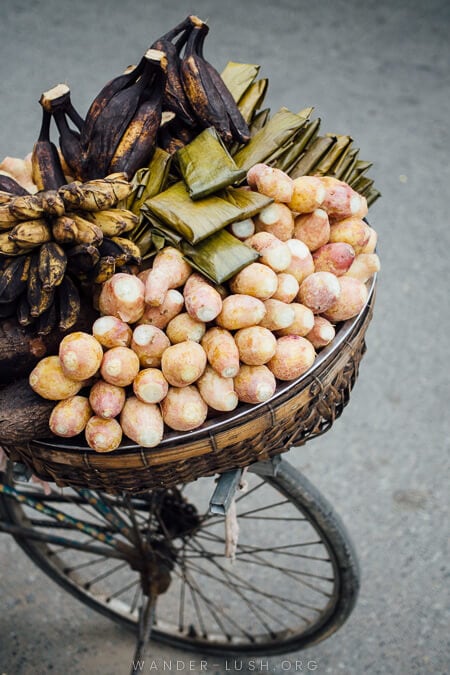A bicycle loaded with food at the Central Market in Phnom Penh, Cambodia.