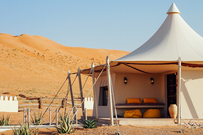 A desert glamping tent in the Wahiba Sands in Oman.