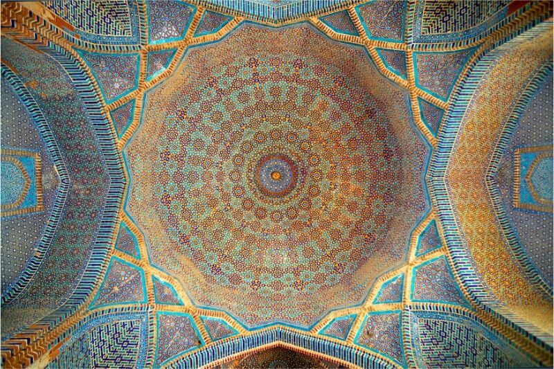 The richly decorated ceiling of a mosque, one of the most beautiful places in Pakistan.
