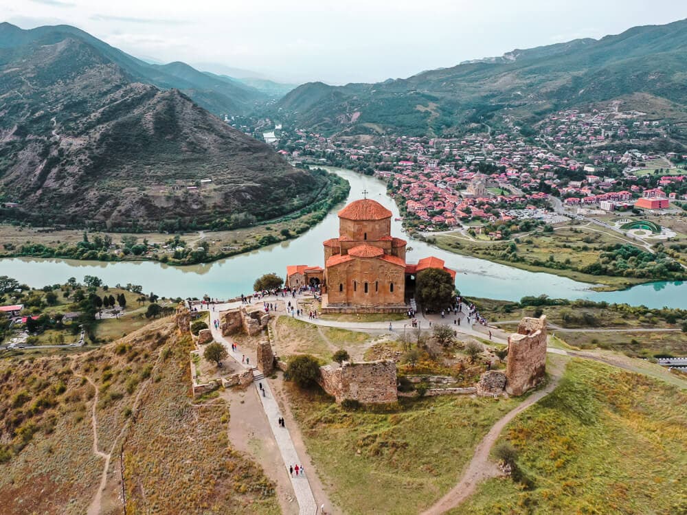 Jvari Monastery in Mtskheta, Georgia viewed from above.