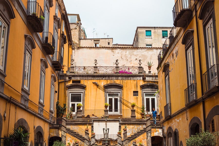 Beautiful yellow buildings in Naples, Italy.