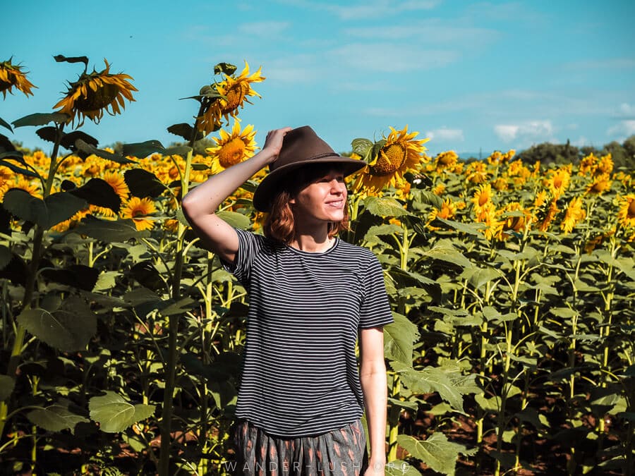 A person standing in the middle of a sunflower field.