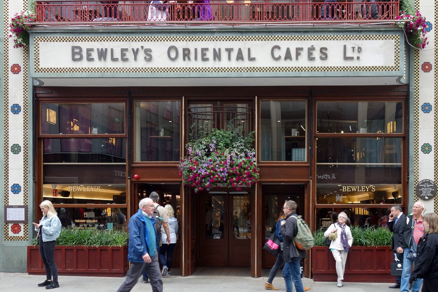 Tiles and flowers decorate the facade of Bewley's Oriental Cafe in Dublin.