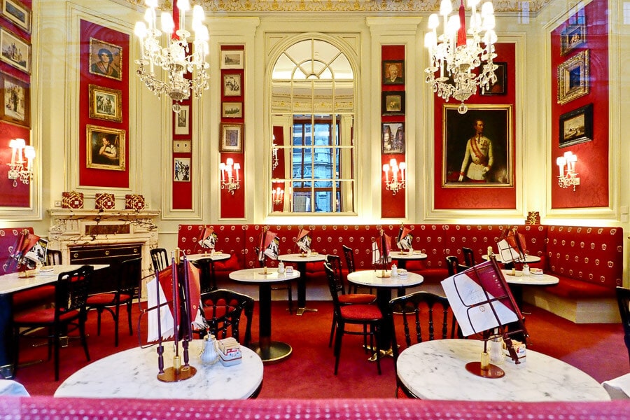 The interior of Sacher Cafe Wien, a Vienna icon and one of the most historic cafes in Europe.