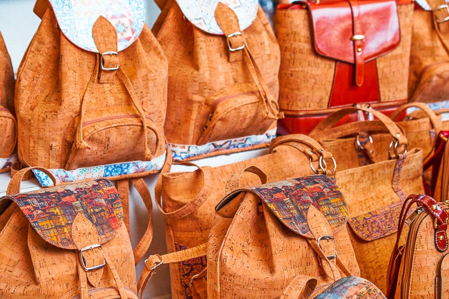 Portuguese cork handbags displayed at a shop - another wonderful Portugal souvenir.