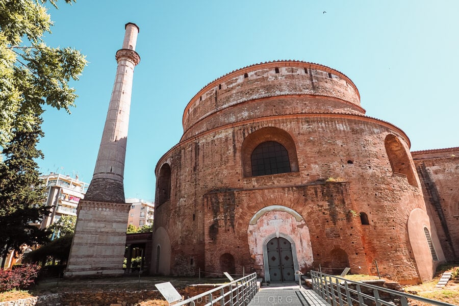 The Rotunda, a round brick Roman temple and tall tower in Thessaloniki, Greece.
