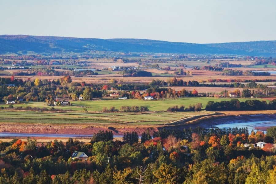 Fall colours in a wide valley.