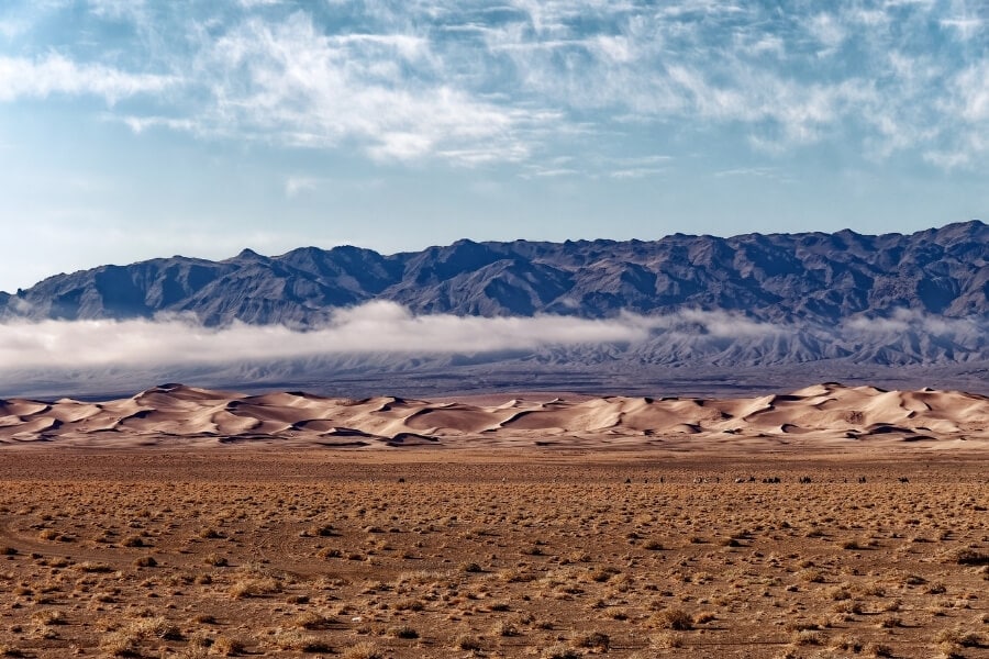 Purple mountains and golden sands in Mongolia's Gobi Desert.
