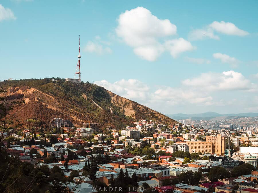Tbilisi city with Mtatsminda mountain and the Tbilisi TV Tower in the background.