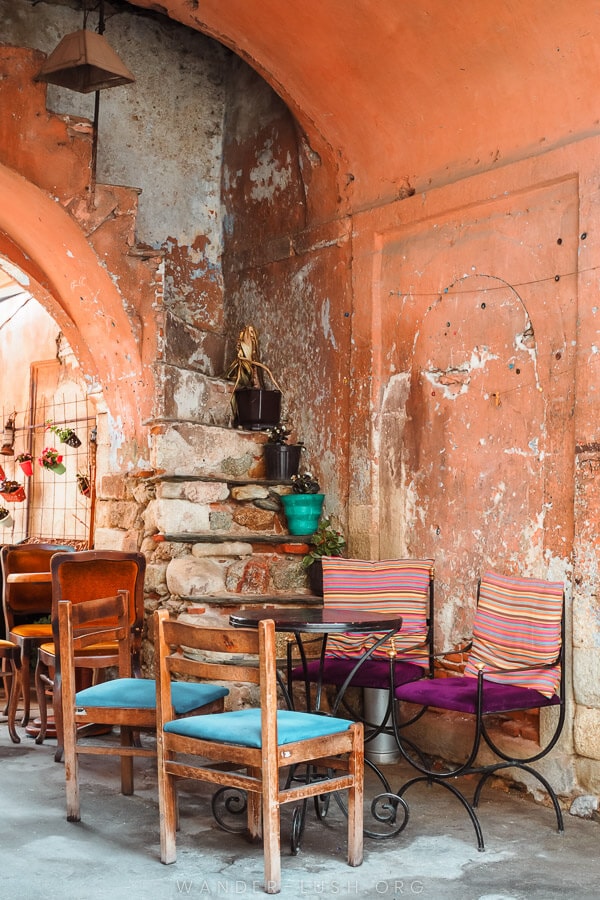 Cafe tables inside a cafe in Bitola.