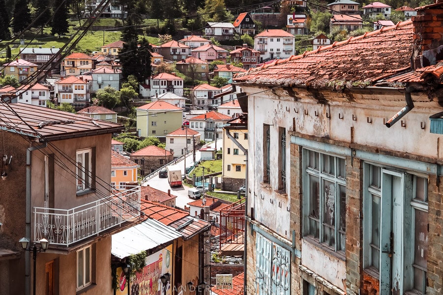 Steep streets and old houses in the town of Krusevo, a must-visit on any North Macedonia itinerary.