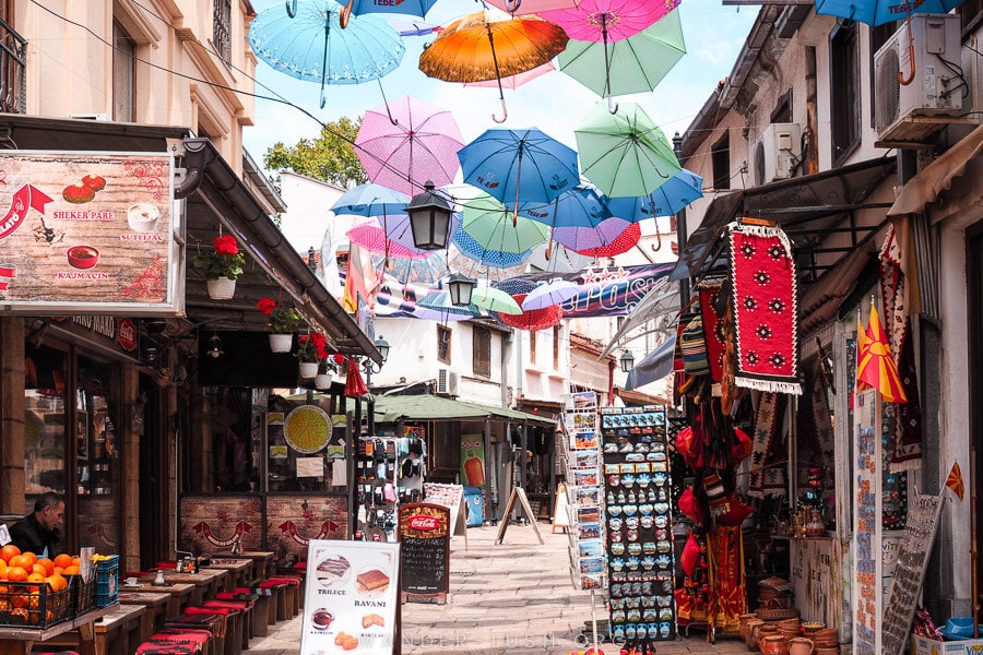 Colourful umbrellas hanging over the street in Skopje Old Bazaar.