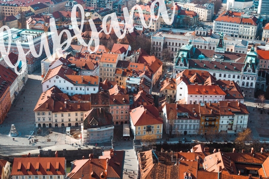 Colourful rooftops and houses of Ljubljana, Slovenia viewed from above.
