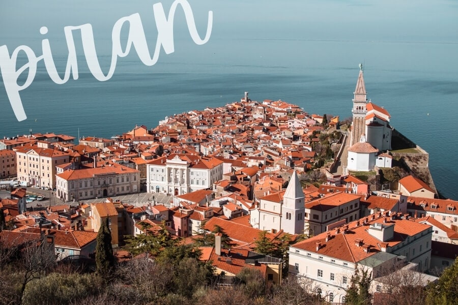The orange rooftops of Piran, Slovenia viewed from above.