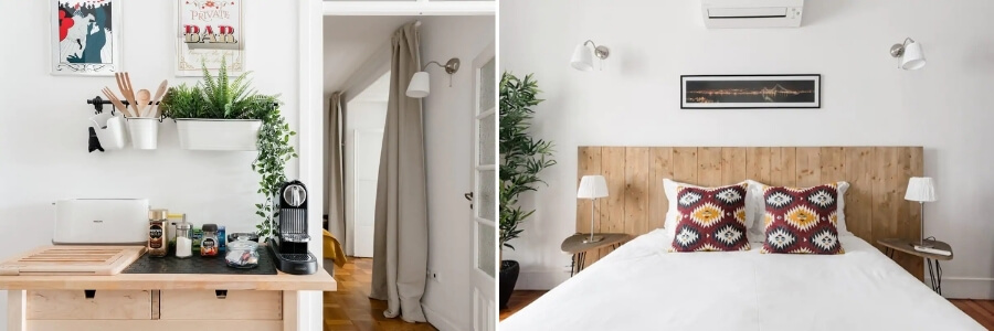 A modern apartment interior with light wood detailing and indoor plants.