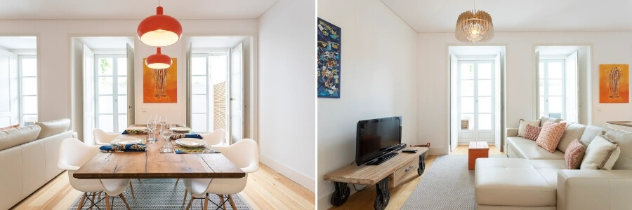 A chic apartment in Lisbon with white walls and interesting light fittings.