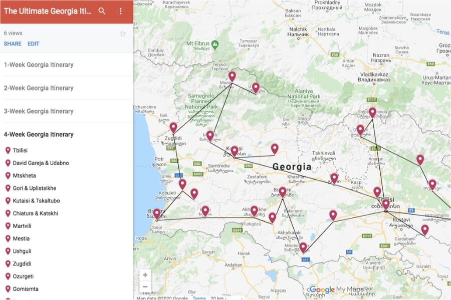 Screenshot of a Georgia itinerary map.