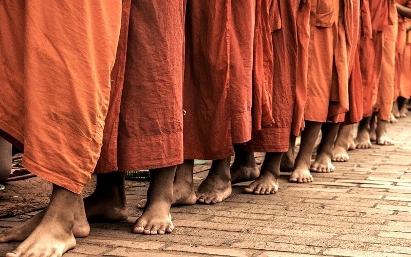 A row of monks in orange robes prepare for Morning Alms in Luang Prabang.