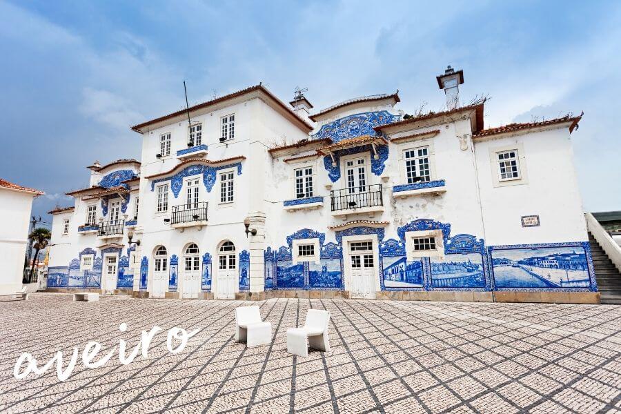A blue-and-white tiled train station in the beautiful Portugal town of Aveiro.