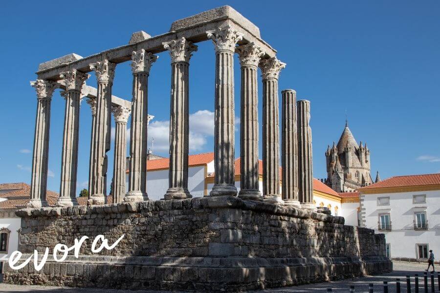 Striking Roman ruins in the town of Evora in Portugal.
