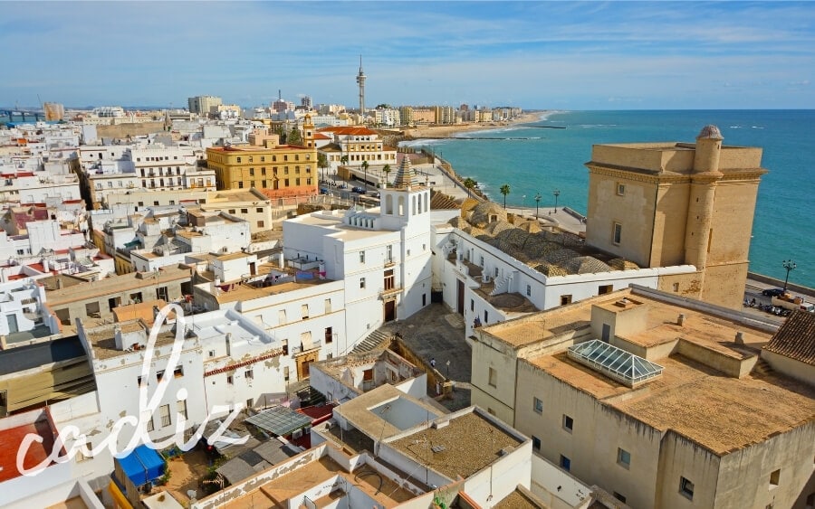 An aerial view of Cadiz, a coastal city in Spain with whitewashed houses and a long stretch of coastline.