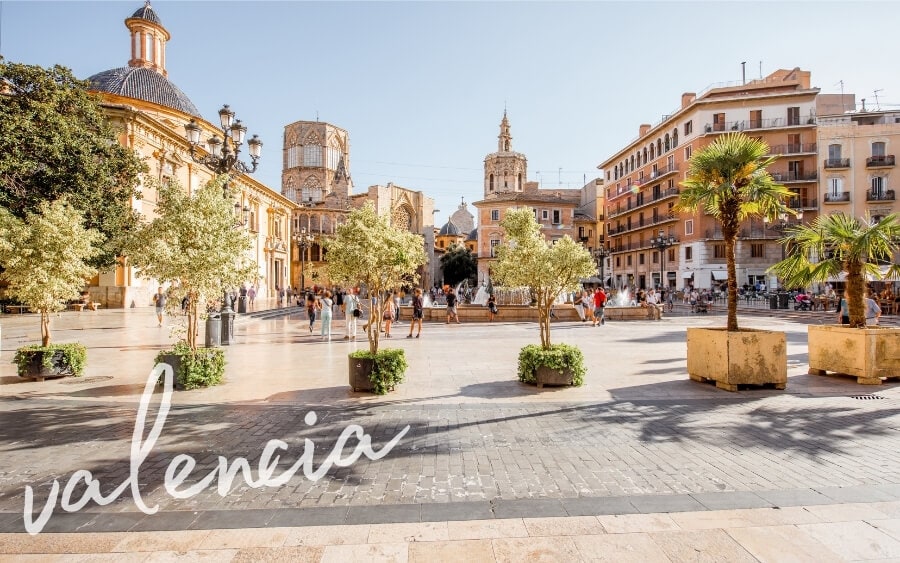 A wide open plaza in Valencia, with orange trees and potted palms around the edge.