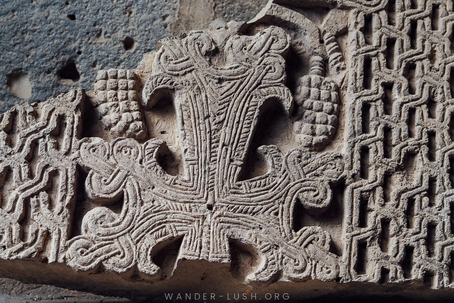 An engraved Armenian khachkar stone at Geghard Monastery.