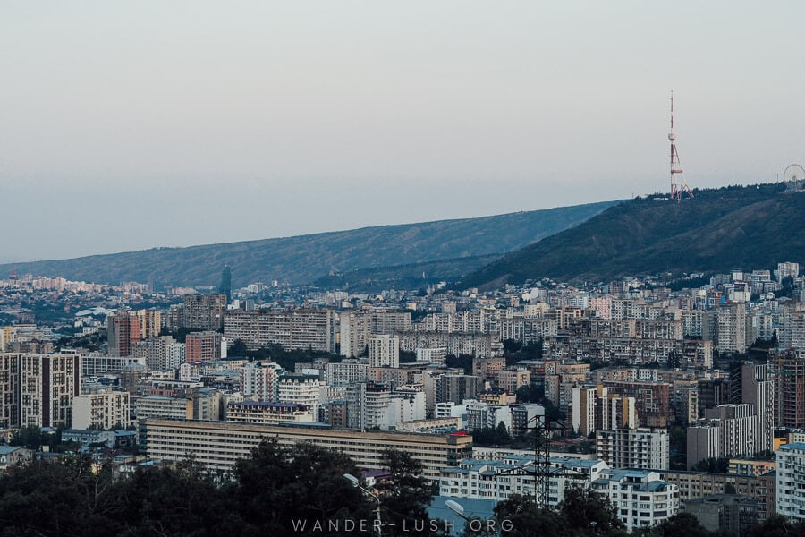 Tbilisi city, viewed from the road to Lisi Lake, with the Tbilisi TV tower on a hill above.