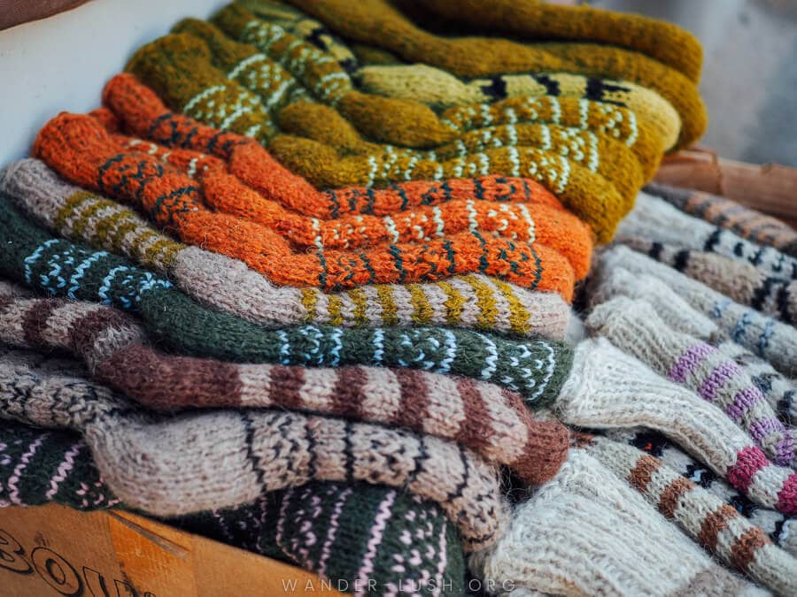 Close-up of knitted socks for sale in Sighnaghi.