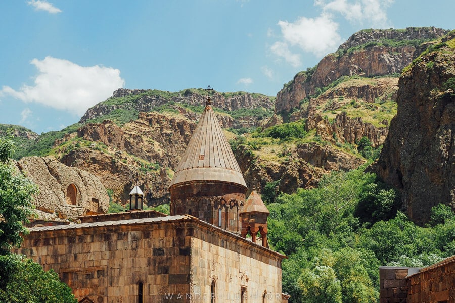 Geghard Monastery, a medieval monastery built inside a rocky gorge.