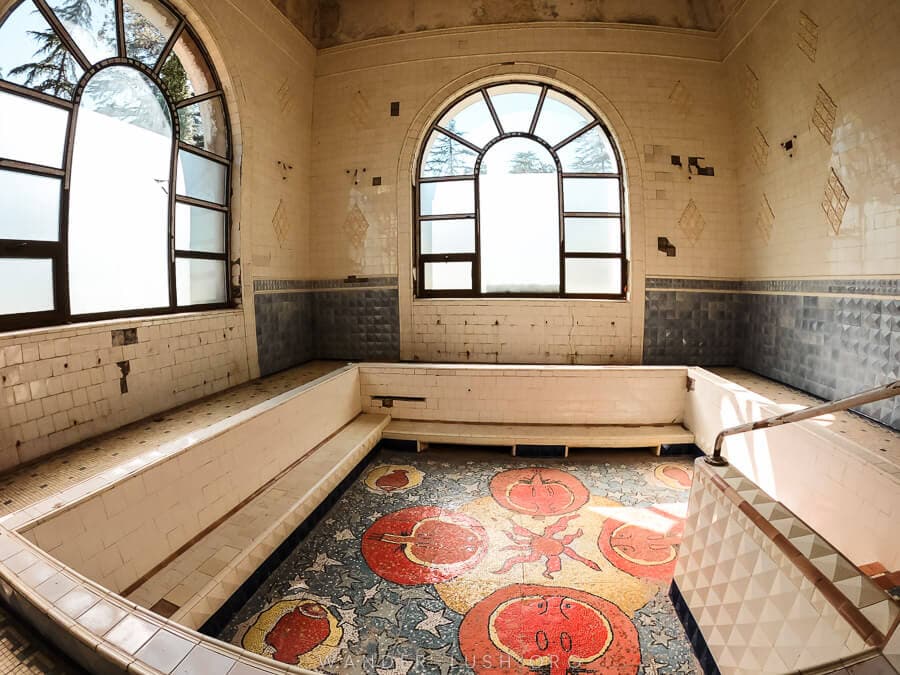 A tiled bathroom in an old Soviet sanatorium in Tskaltubo, Georgia.