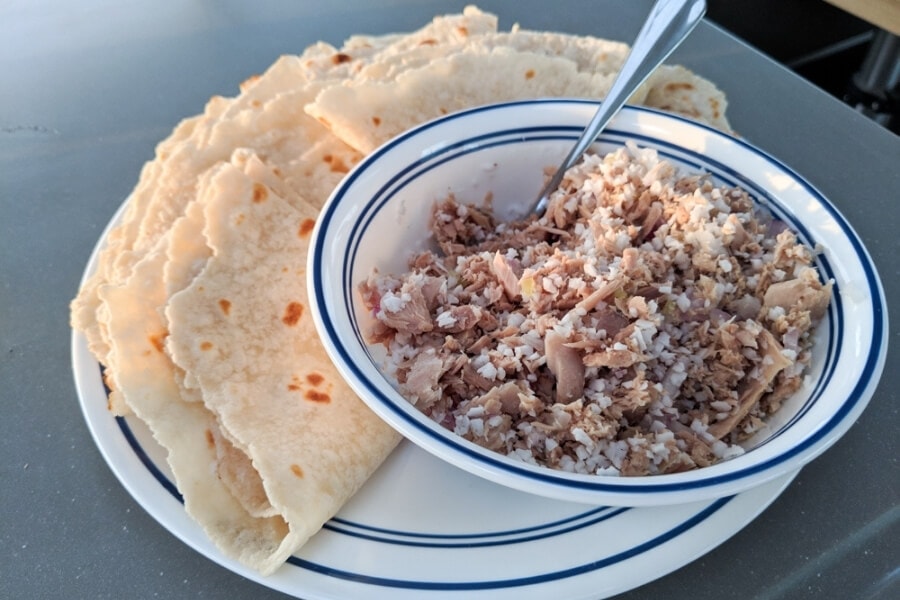 Mas Huni, traditional Maldivian food of rice served with roti bread.