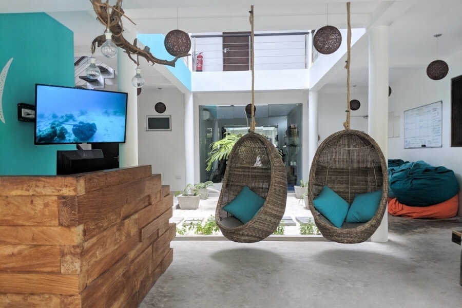 Inside the lobby of a guesthouse in the Maldives.
