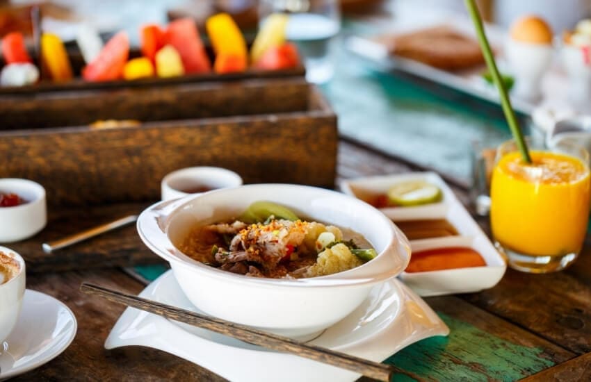 A bowl of noodle soup served in a cafe in Cambodia.