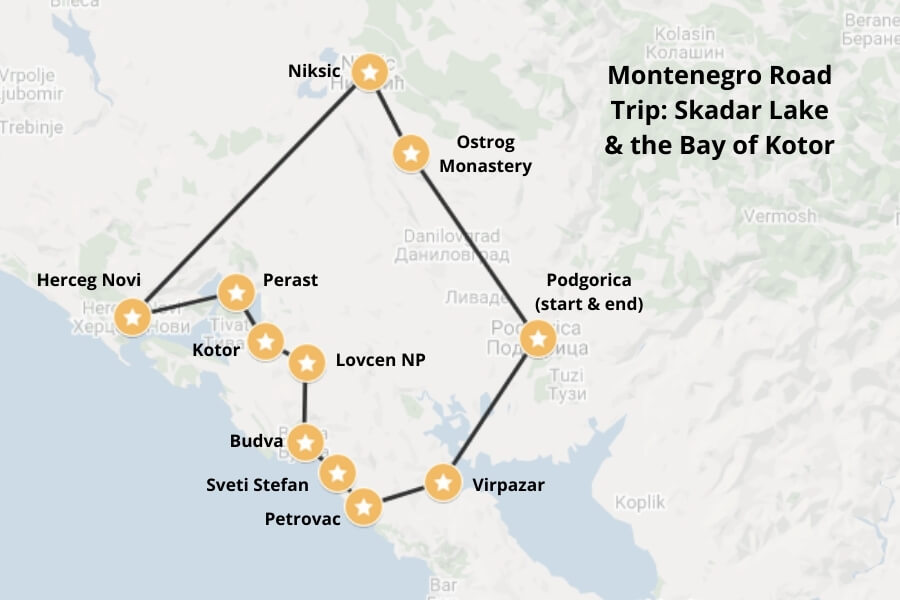 Montenegro road trip map. Map via Google Maps.