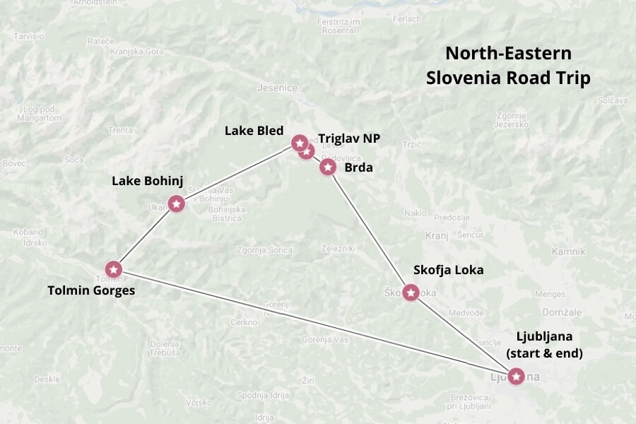 Slovenia road trip map. Map via Google Maps.
