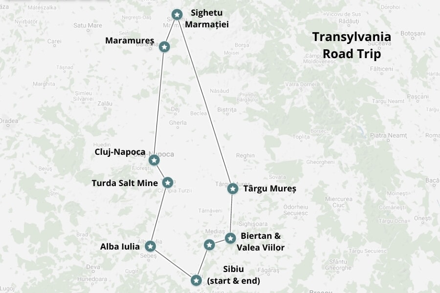Transylvania road trip map. Map via Google Maps.
